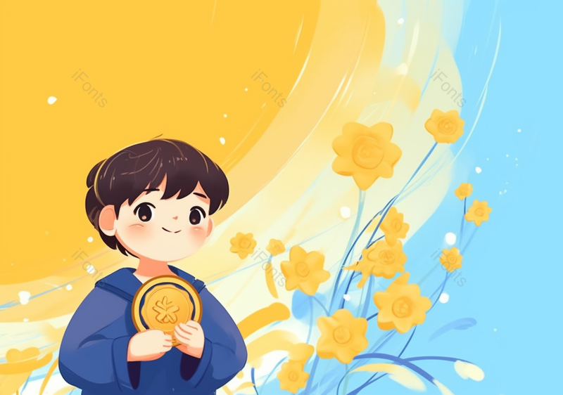 蓝天花朵花束奖牌儿童节节日可爱小孩男孩一个人简约背景插画,插画/手绘图,插画/手绘图库,插画/手绘图下载,插画/手绘